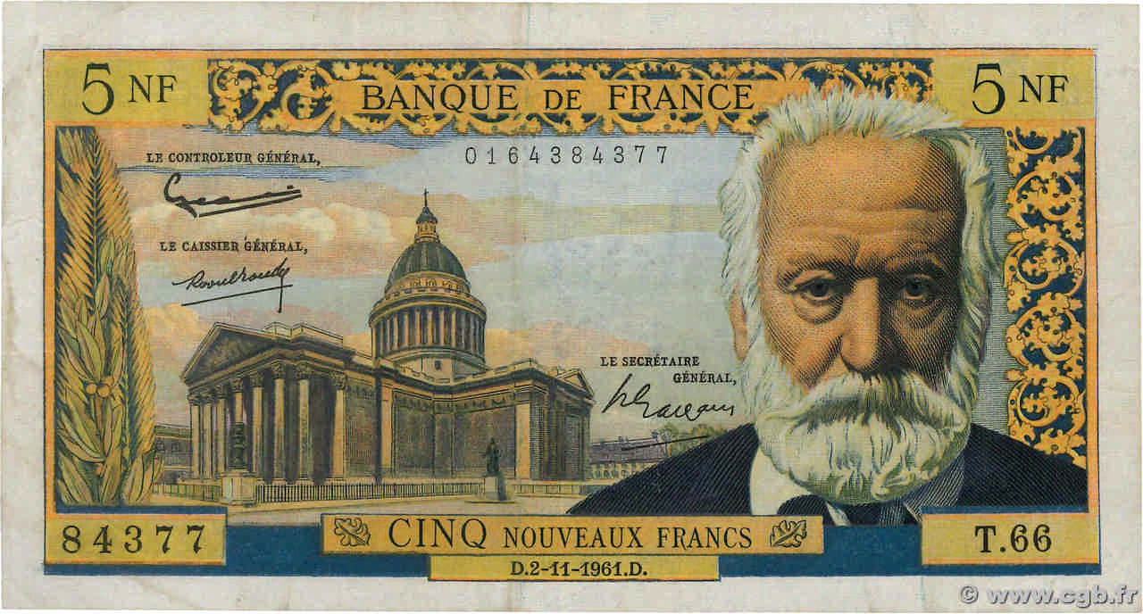 5 Nouveaux Francs VICTOR HUGO FRANCE  1961 F.56.09 VF-