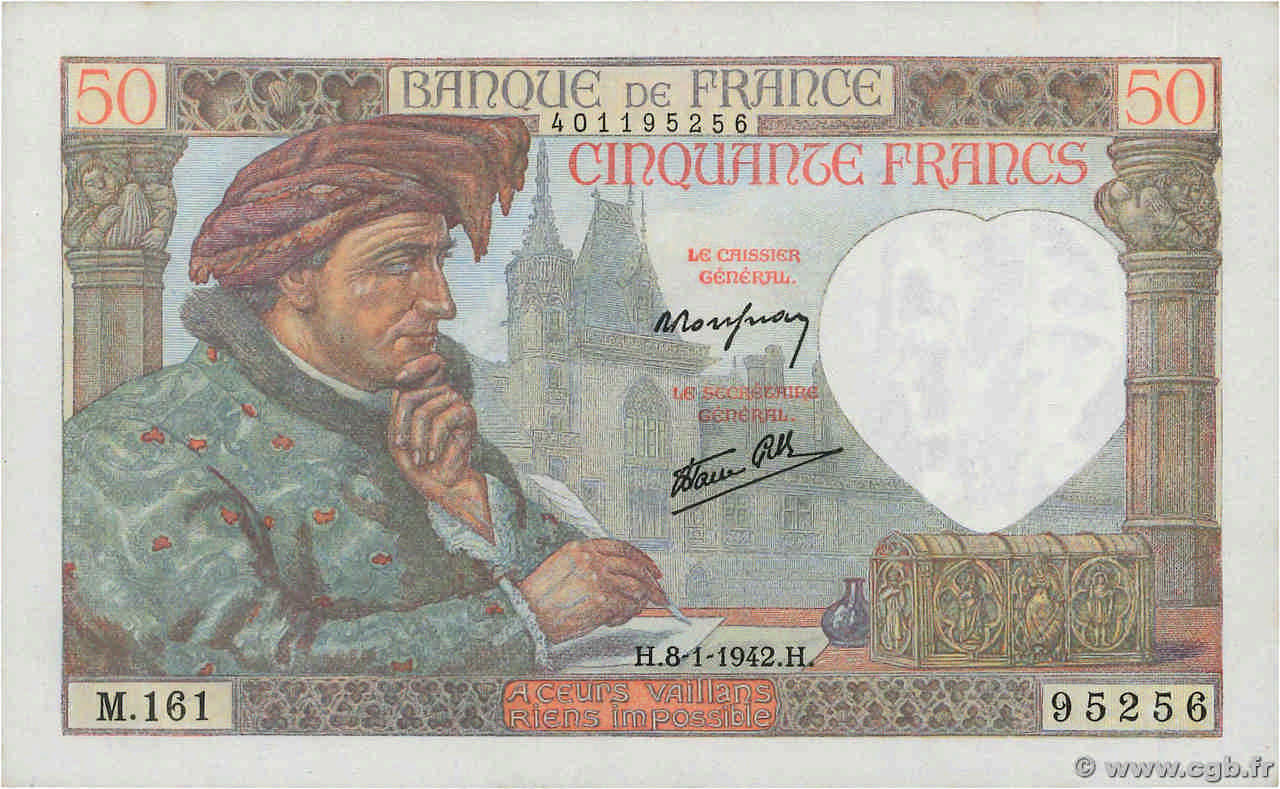 50 Francs JACQUES CŒUR FRANCE  1942 F.19.18 AU+