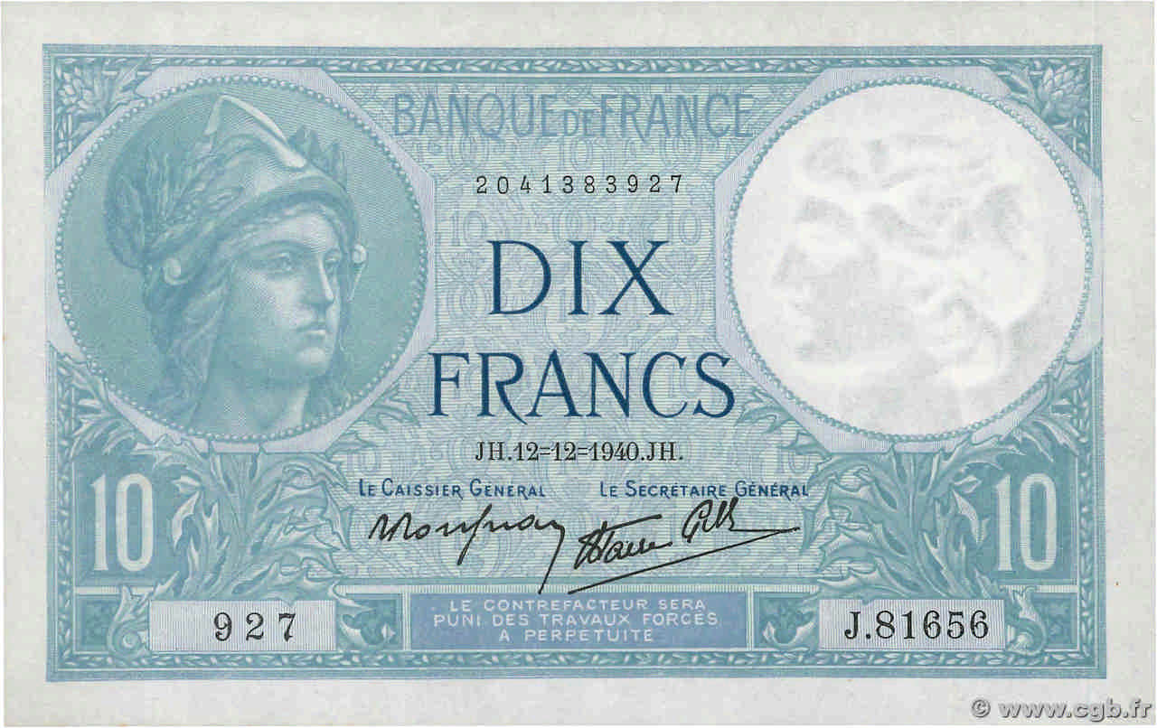 10 Francs MINERVE modifié FRANCE  1940 F.07.24 AU