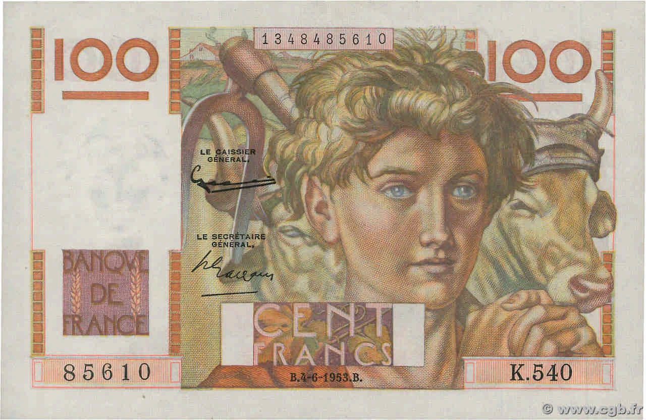 100 Francs JEUNE PAYSAN FRANCE  1953 F.28.37 XF