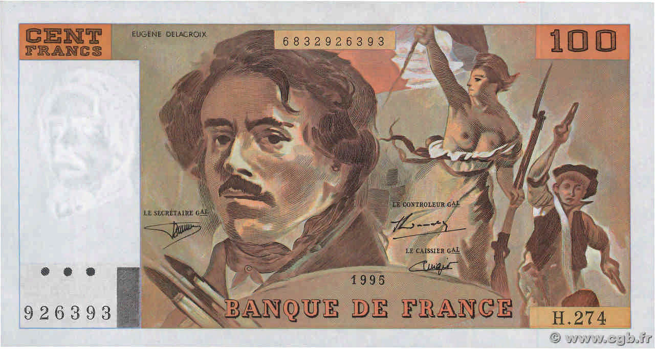 100 Francs DELACROIX 442-1 & 442-2 FRANCE  1995 F.69ter.02b UNC