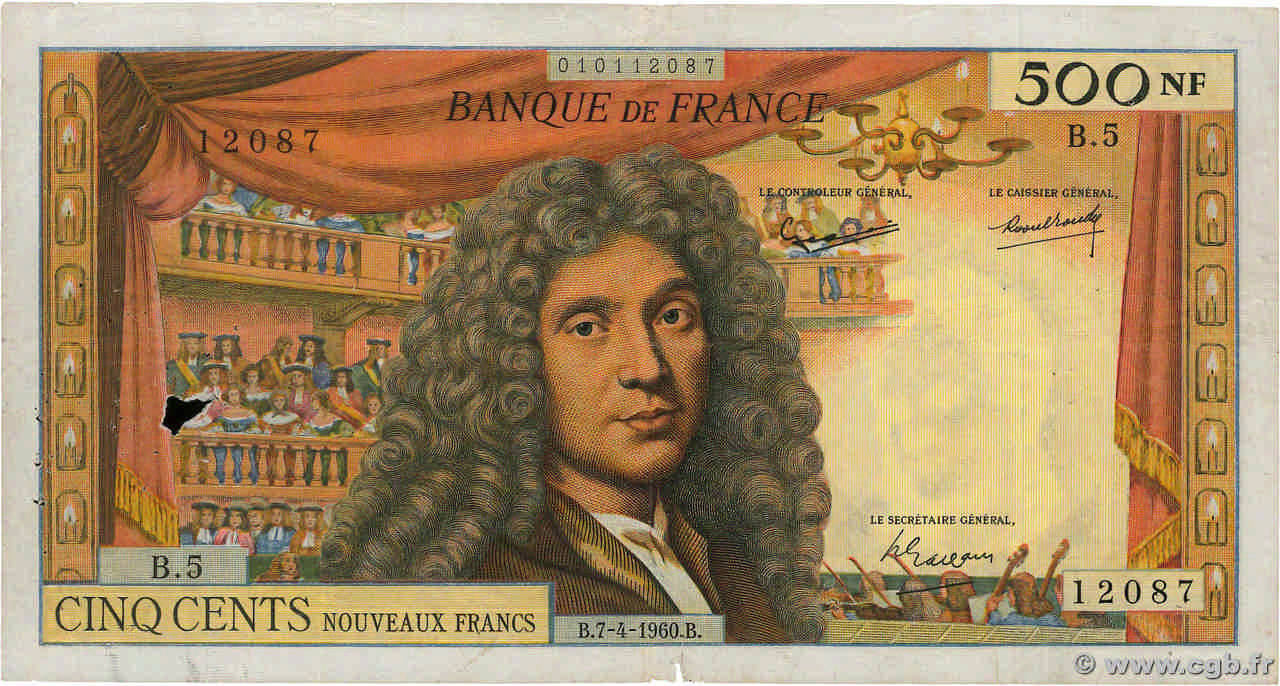 500 Nouveaux Francs MOLIÈRE FRANCE  1960 F.60.02 VG