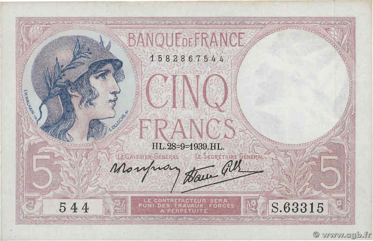 5 Francs FEMME CASQUÉE modifié FRANCE  1939 F.04.10 XF+