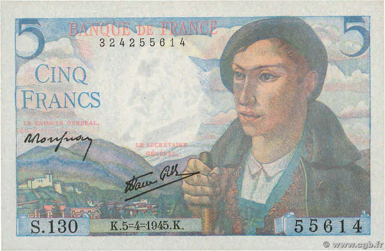 5 Francs BERGER FRANCE  1945 F.05.06 UNC