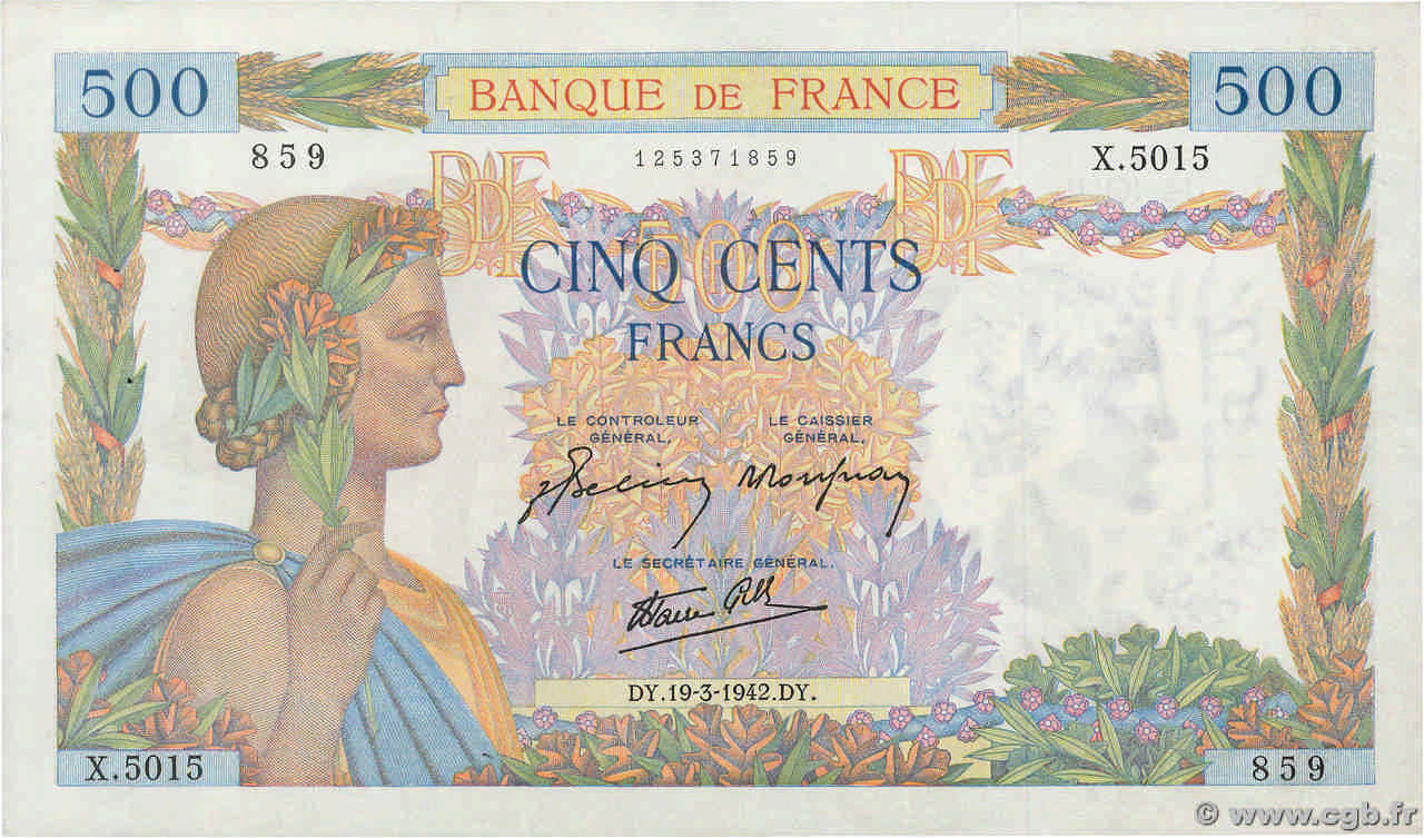 500 Francs LA PAIX FRANCE  1942 F.32.31 XF-
