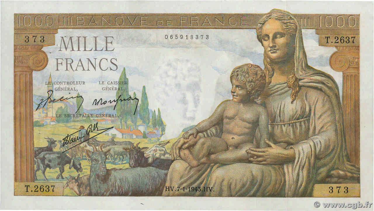 1000 Francs DÉESSE DÉMÉTER FRANCE  1943 F.40.15 XF