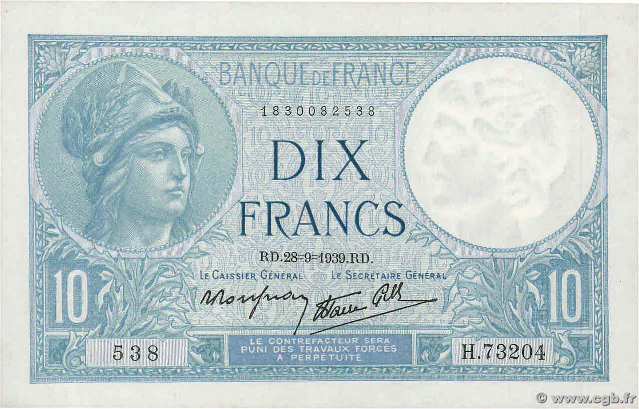 10 Francs MINERVE modifié FRANCE  1939 F.07.09 AU+