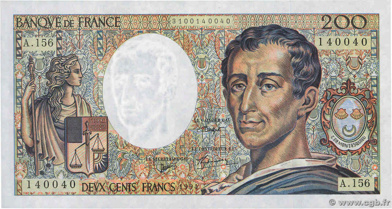 200 Francs MONTESQUIEU Modifié FRANCE  1994 F.70/2.01 AU+