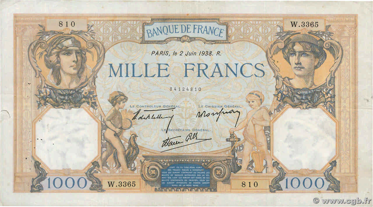 1000 Francs CÉRÈS ET MERCURE type modifié FRANCE  1938 F.38.17 F