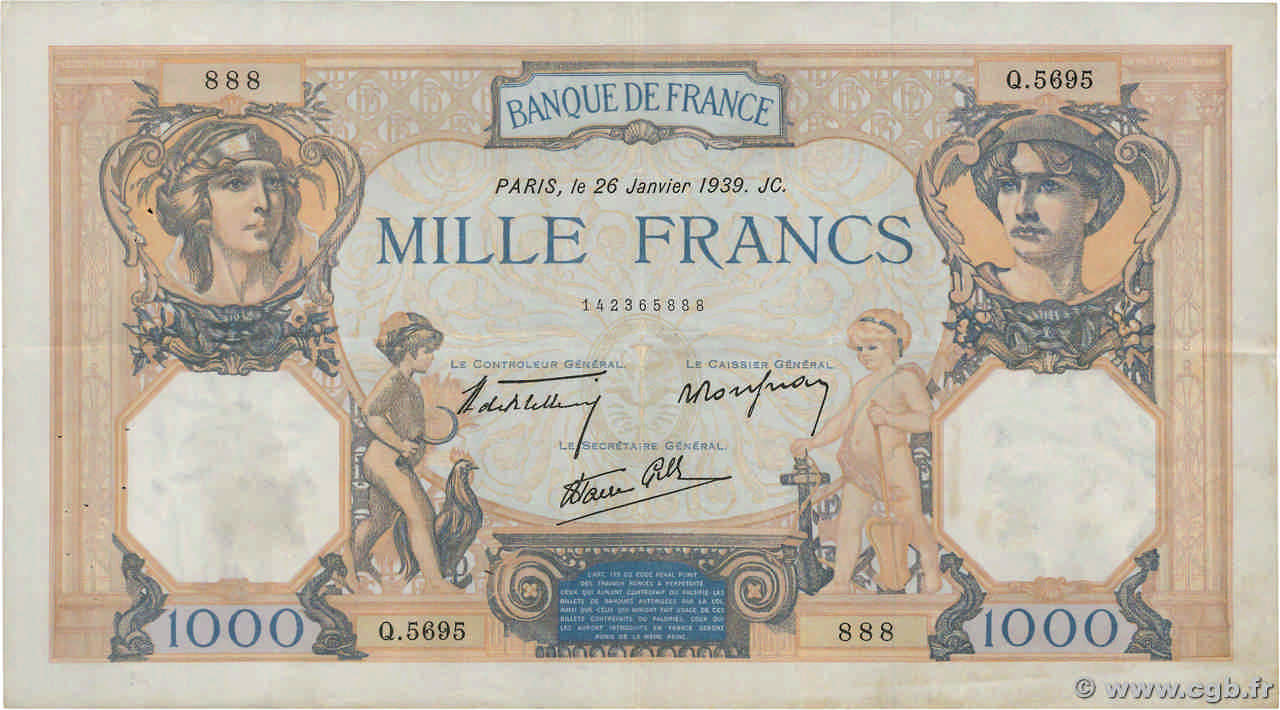 1000 Francs CÉRÈS ET MERCURE type modifié FRANCE  1939 F.38.33 VF-