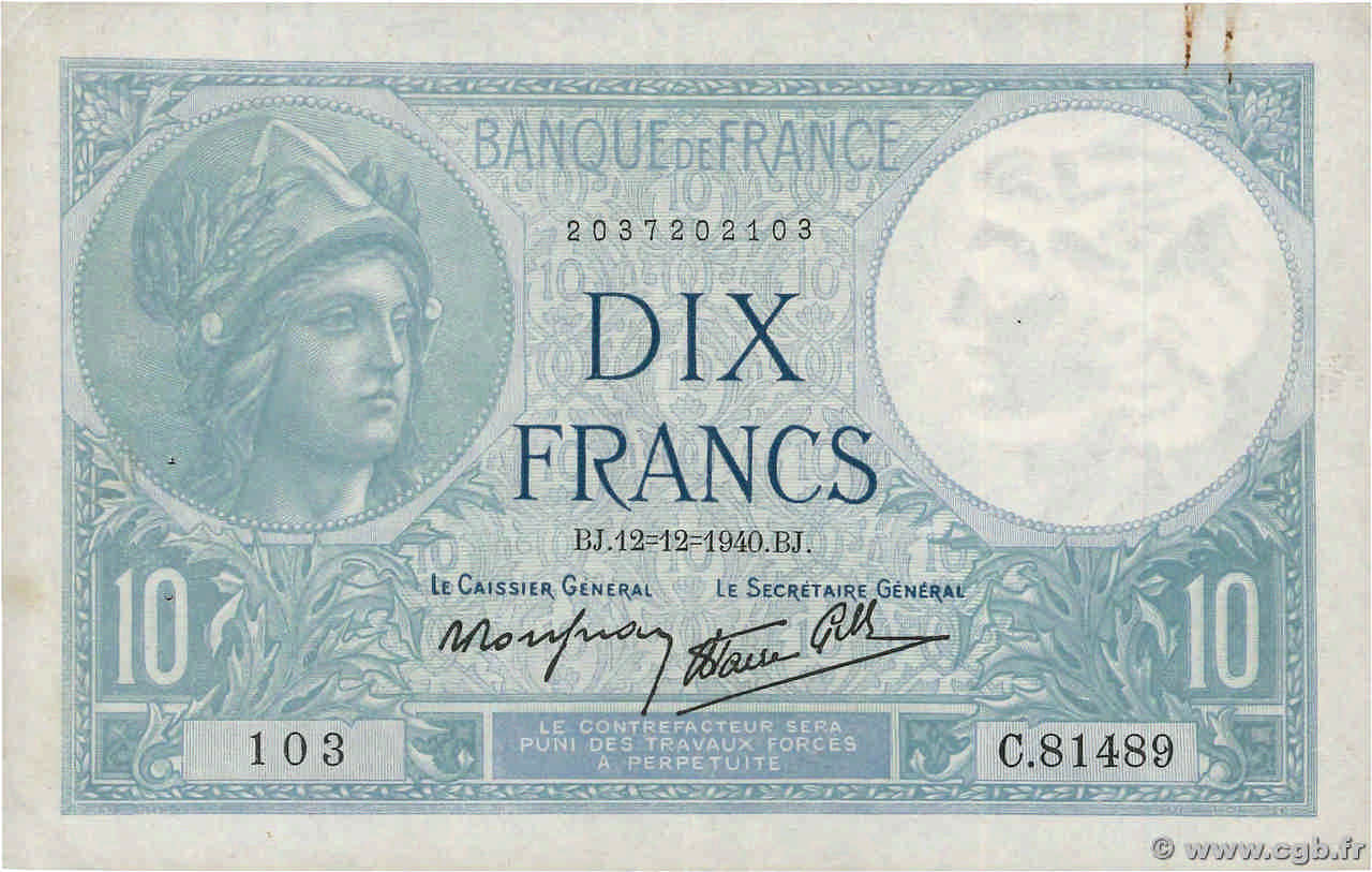 10 Francs MINERVE modifié FRANCE  1940 F.07.24 XF-