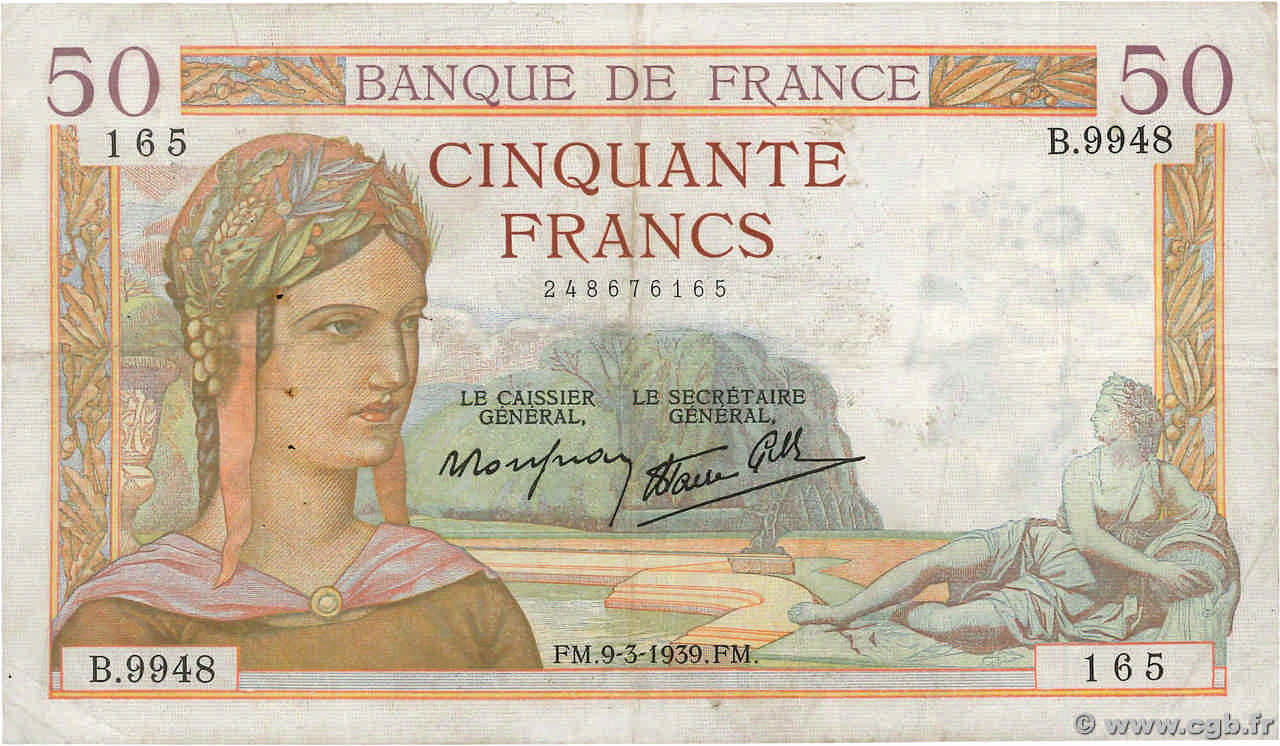 50 Francs CÉRÈS modifié FRANCE  1939 F.18.23 F