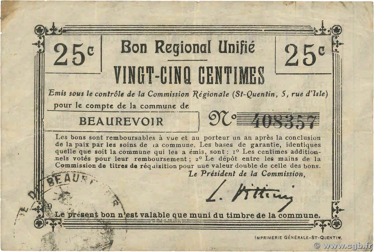 25 Centimes FRANCE régionalisme et divers Beaurevoir 1914 JP.02-0154 TB