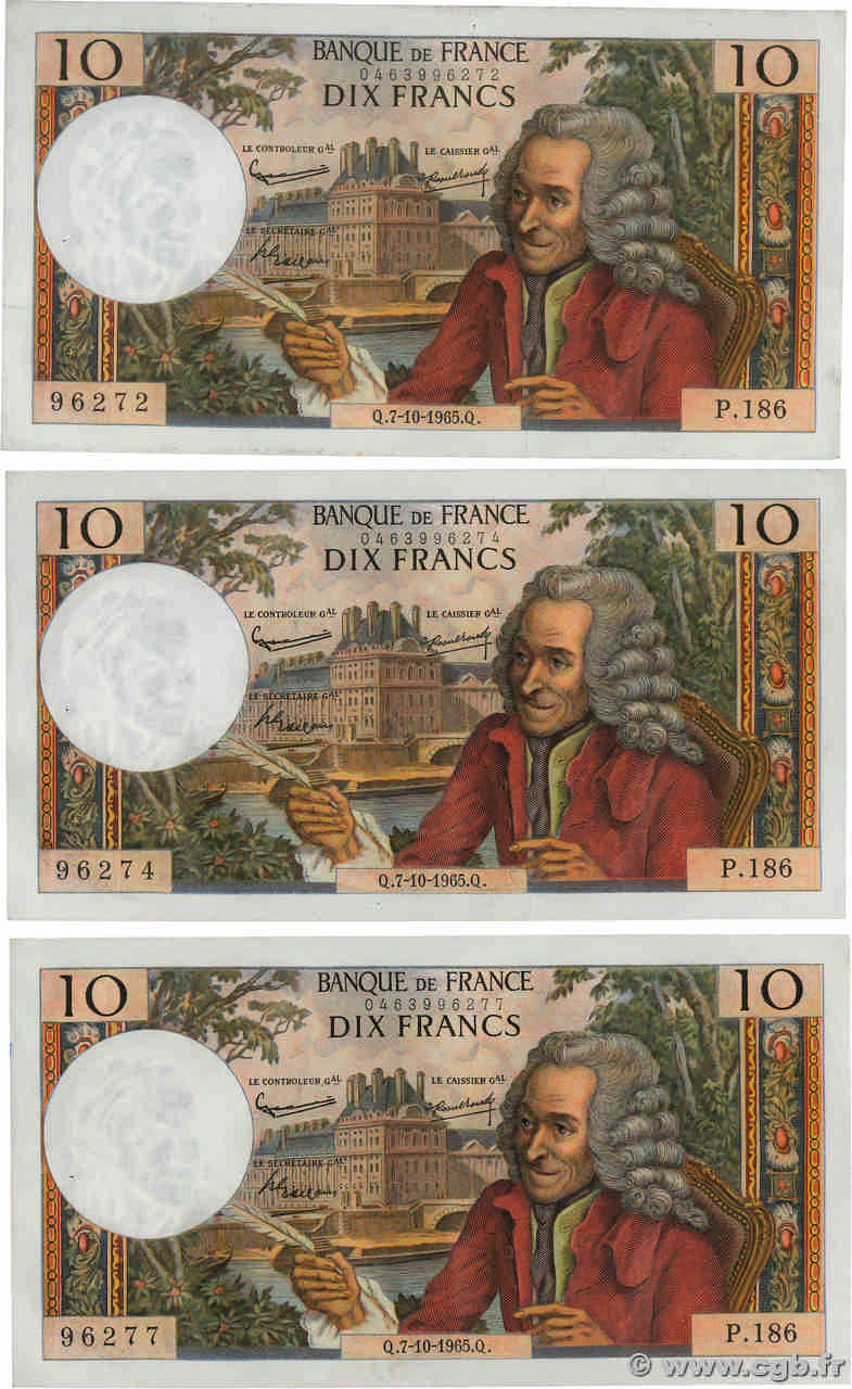 10 Francs VOLTAIRE Lot FRANCE  1965 F.62.16 TTB+