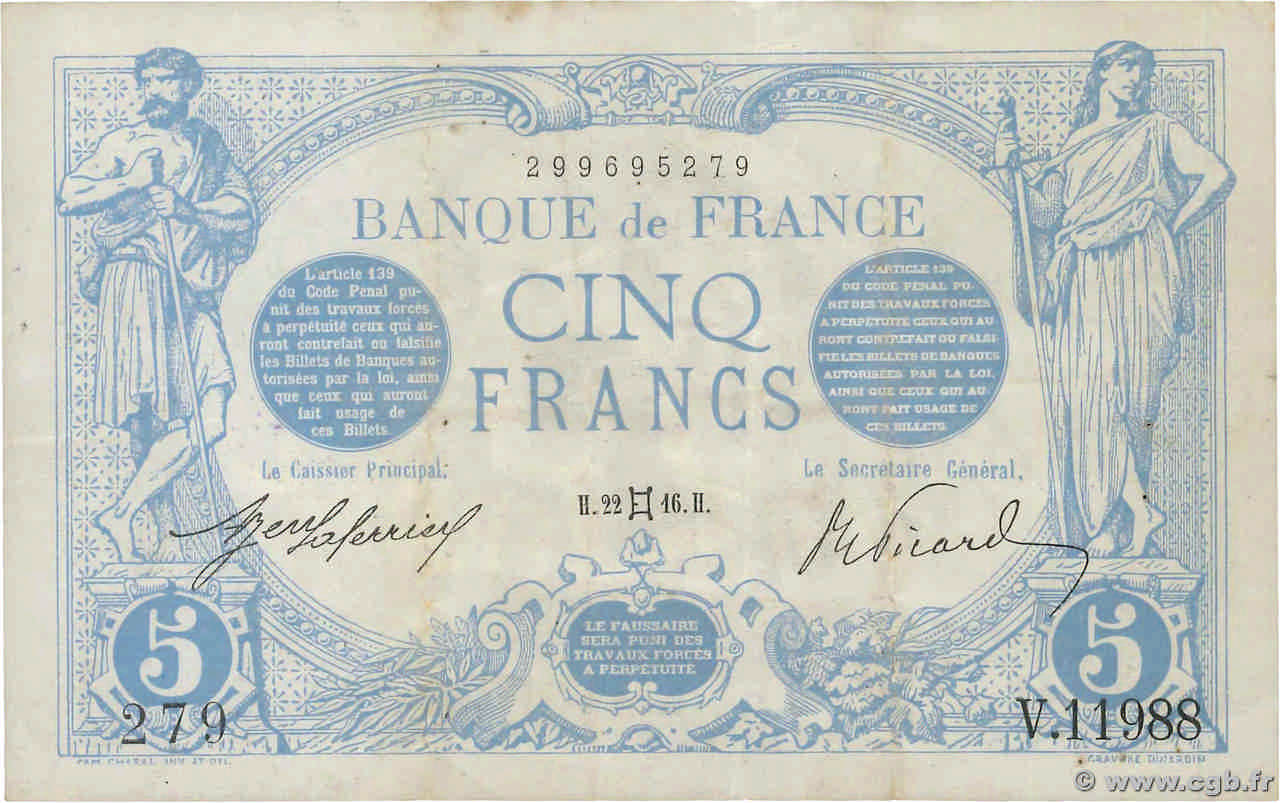 5 Francs BLEU FRANCE  1916 F.02.39 pr.TTB