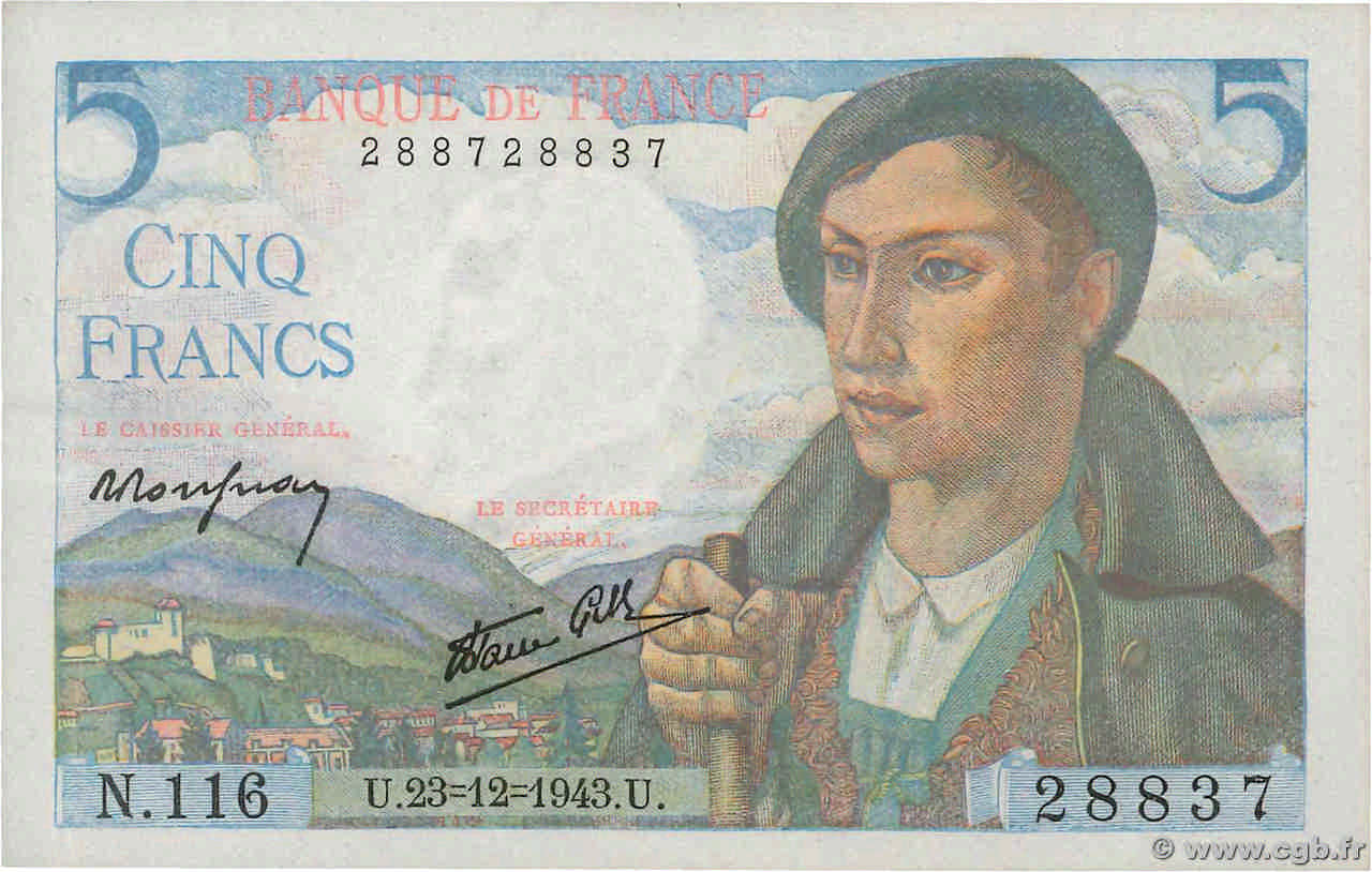 5 Francs BERGER FRANCE  1943 F.05.05 pr.NEUF
