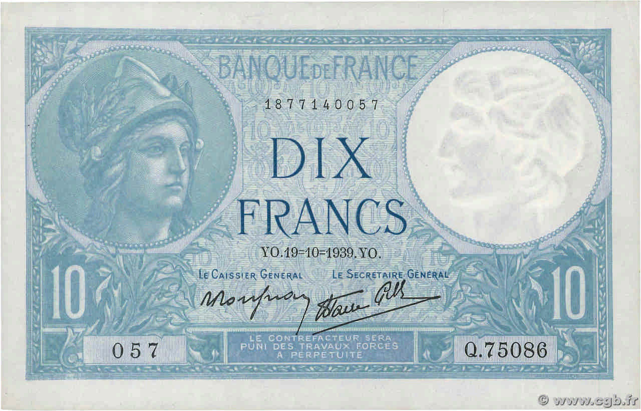 10 Francs MINERVE modifié FRANCE  1939 F.07.12 pr.SUP