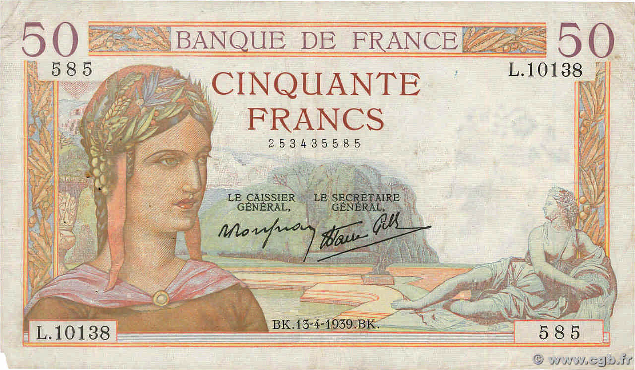 50 Francs CÉRÈS modifié FRANCE  1939 F.18.25 TB
