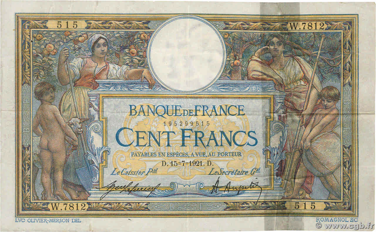 100 Francs LUC OLIVIER MERSON sans LOM FRANCE  1921 F.23.14 TB