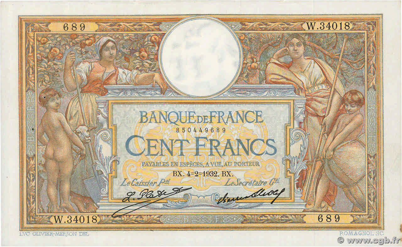 100 Francs LUC OLIVIER MERSON grands cartouches FRANCE  1932 F.24.11 TTB+
