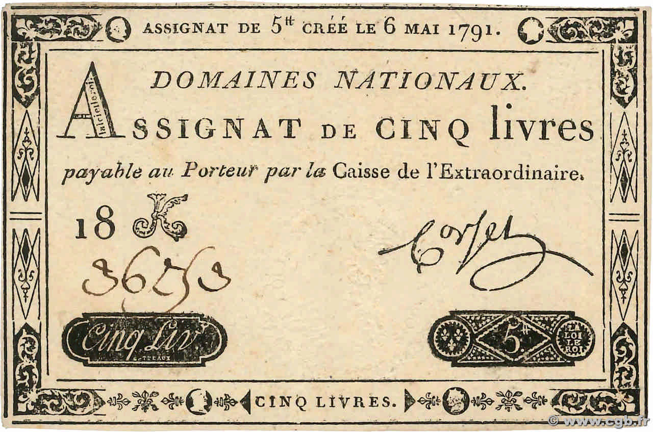 5 Livres FRANCE  1791 Ass.12a SUP+