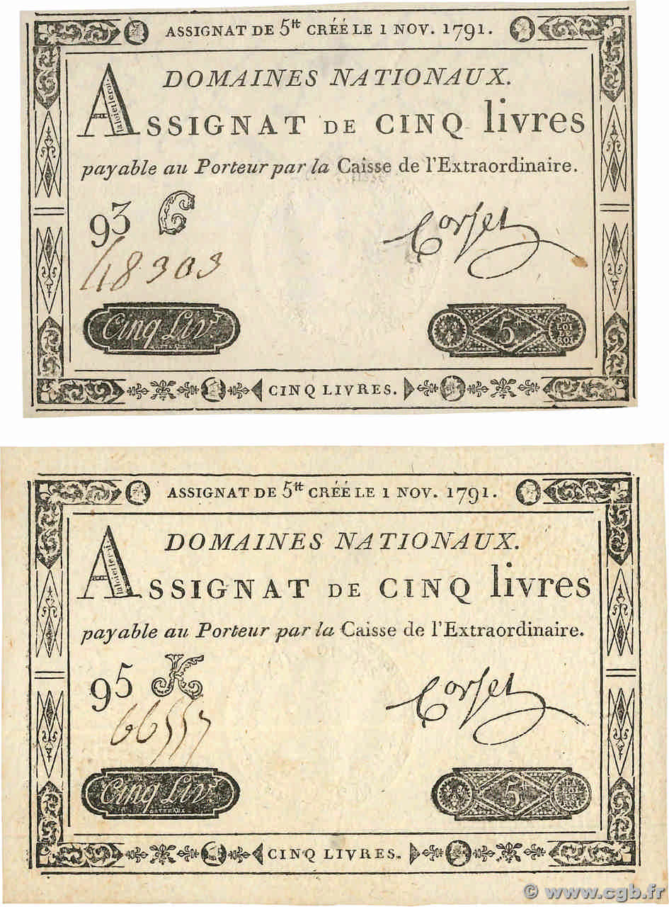 5 Livres Lot FRANCE  1791 Ass.20a SUP