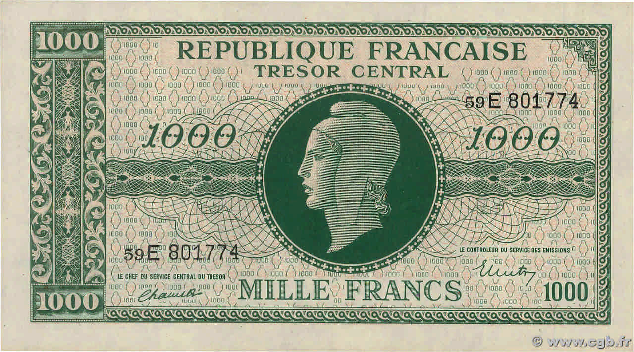 1000 Francs MARIANNE THOMAS DE LA RUE FRANKREICH  1945 VF.13.02 VZ