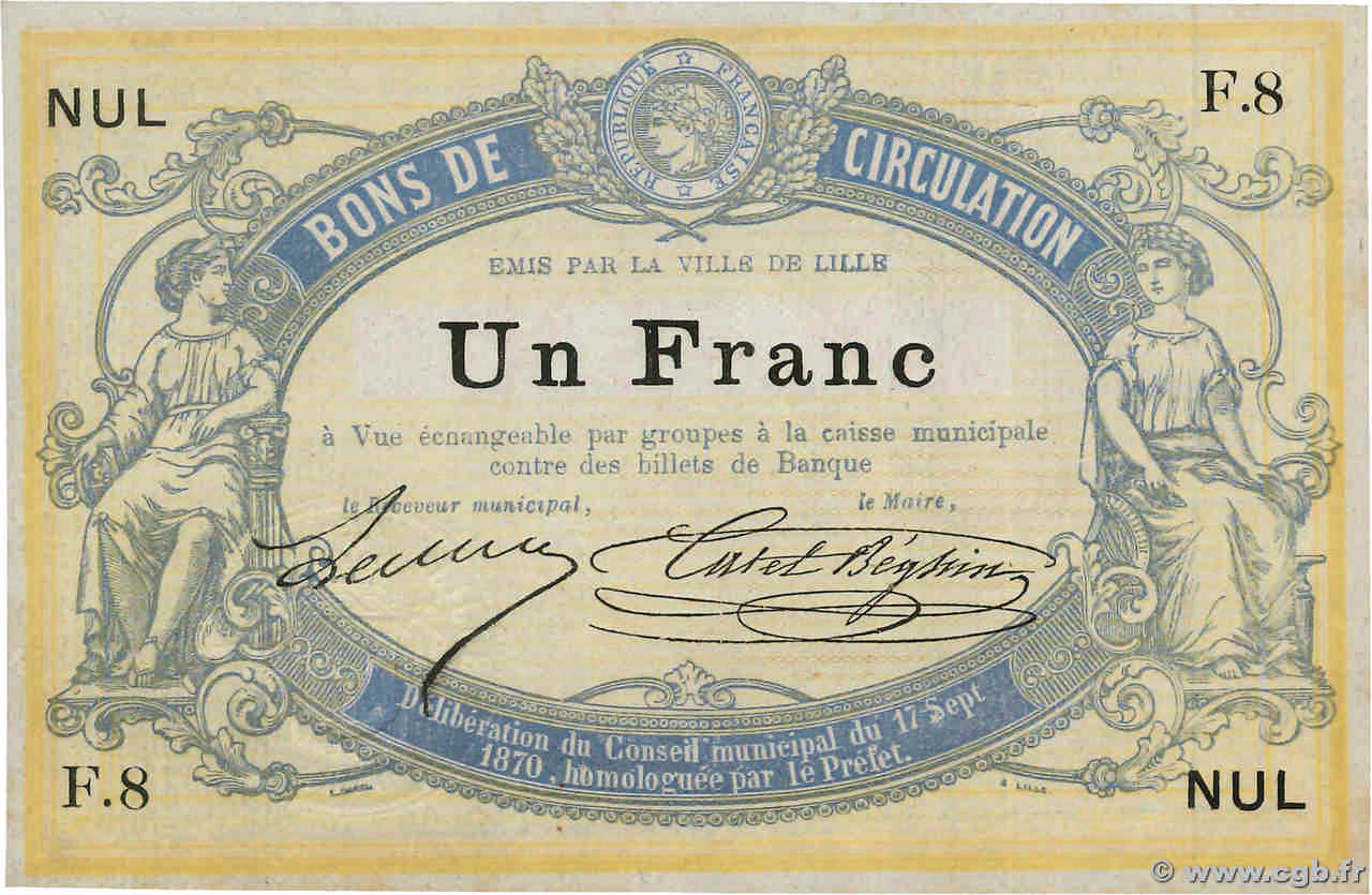 1 Franc Non émis FRANCE régionalisme et divers Lille 1870 JER.59.40A SPL