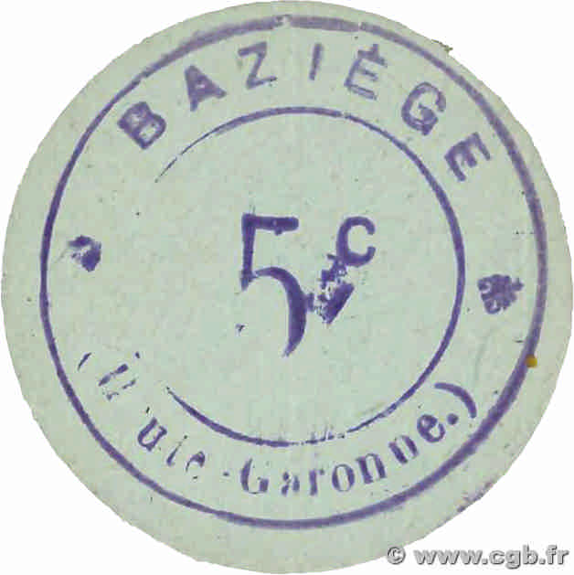 5 Centimes FRANCE regionalism and miscellaneous Baziege 1914 JP.31-007 AU