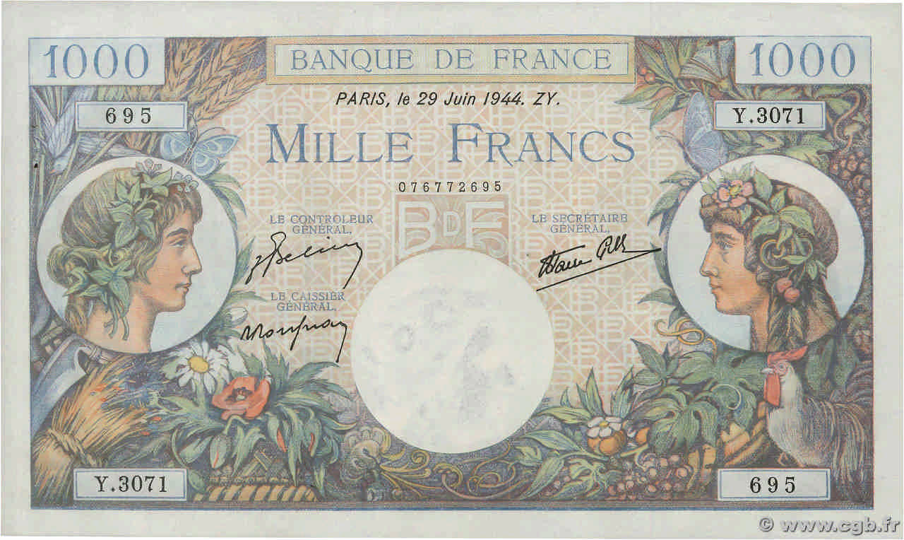 1000 Francs COMMERCE ET INDUSTRIE FRANCE  1944 F.39.09 SUP