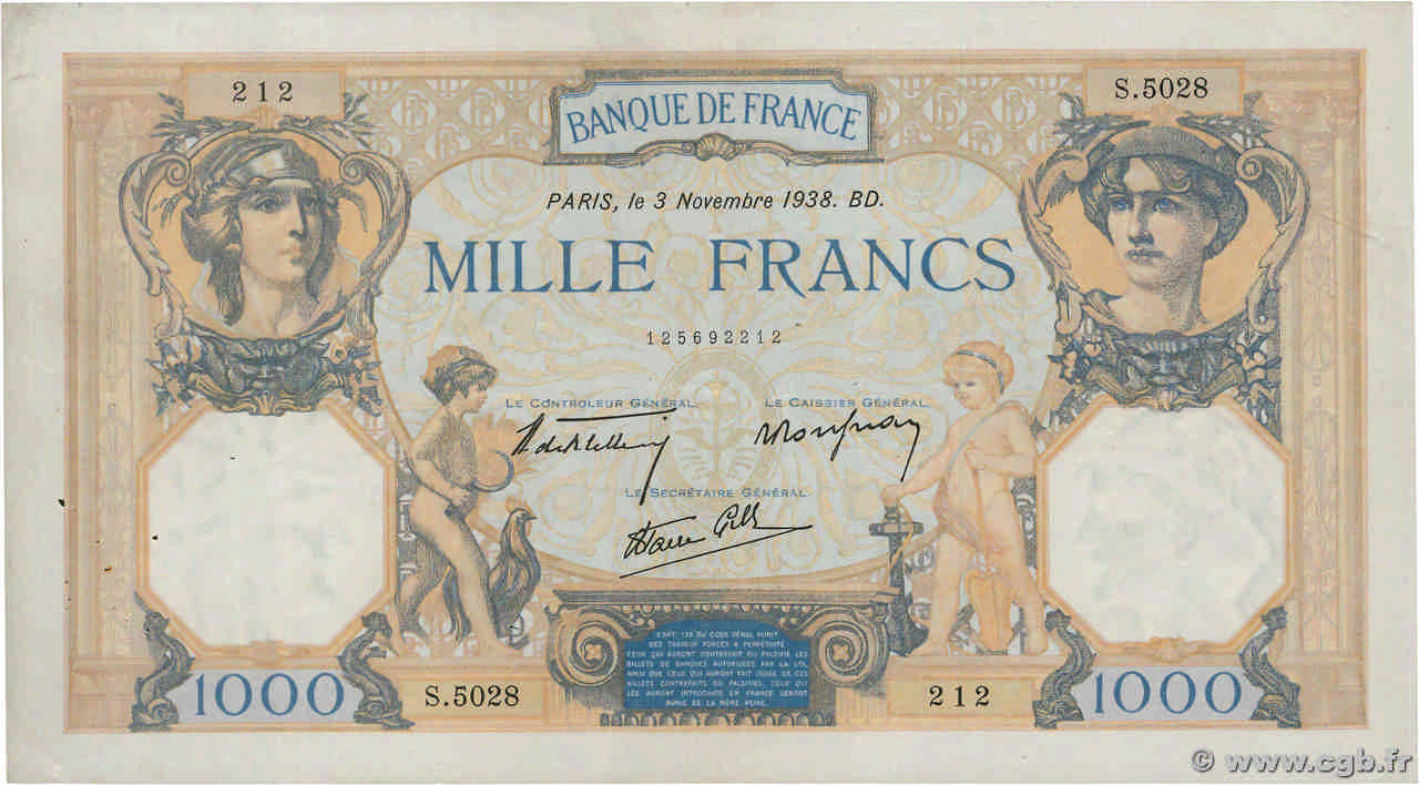 1000 Francs CÉRÈS ET MERCURE type modifié FRANCE  1938 F.38.32 TB+