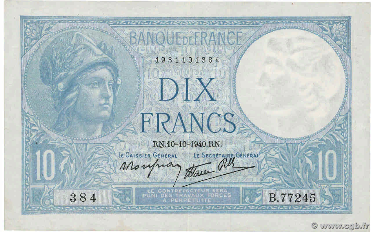 10 Francs MINERVE modifié FRANCE  1940 F.07.16 TTB