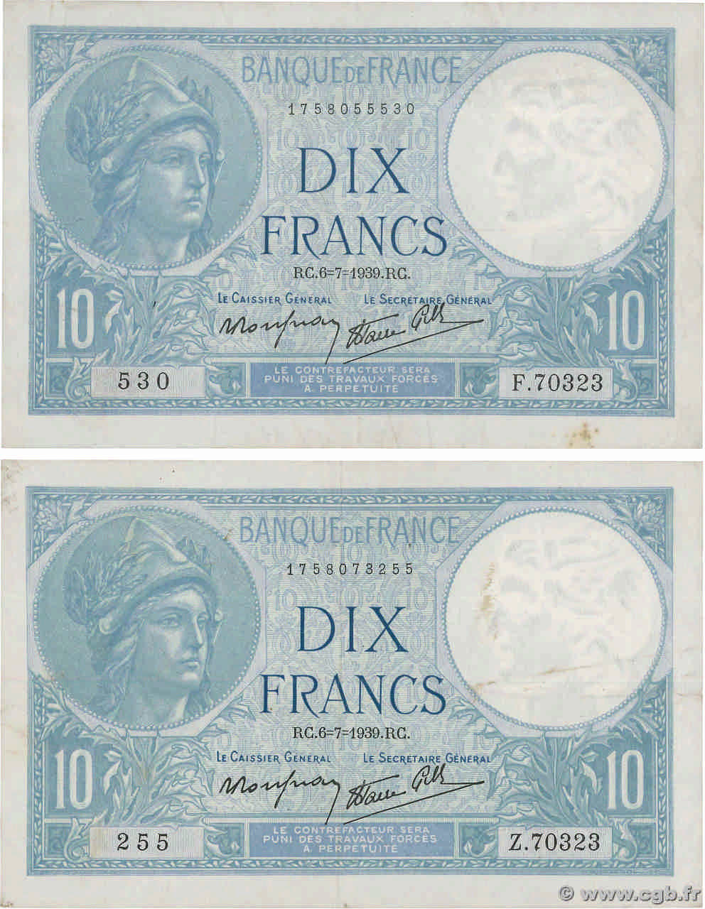 10 Francs MINERVE modifié Lot FRANCE  1939 F.07.04 F+