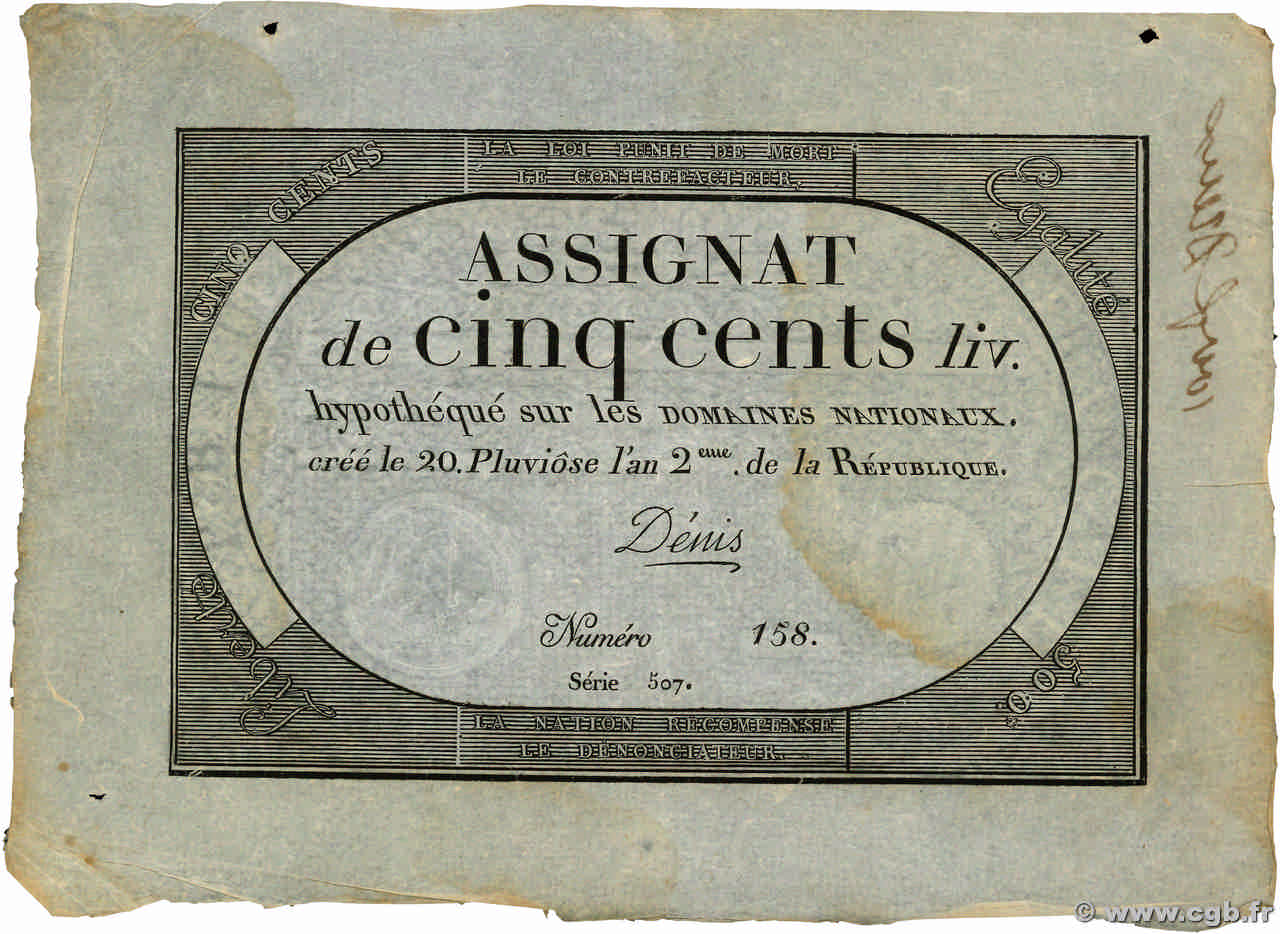 500 Livres FRANCE  1794 Ass.47a TB