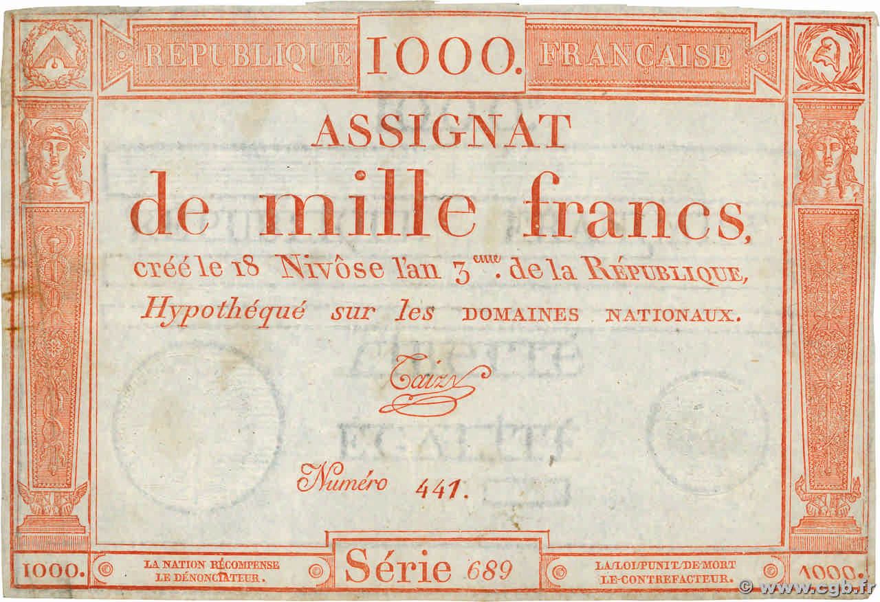 1000 Francs FRANCE  1795 Ass.50a TB+