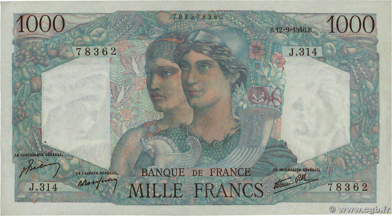 1000 Francs MINERVE ET HERCULE FRANKREICH  1946 F.41.16 VZ