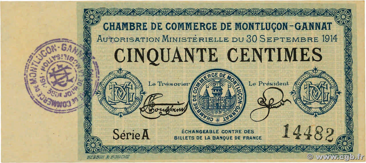 50 Centimes FRANCE régionalisme et divers Montluçon, Gannat 1914 JP.084.07 SPL