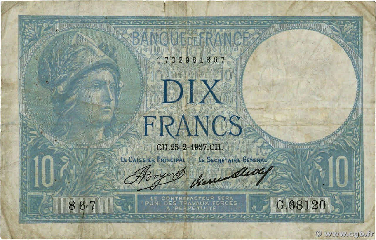 10 Francs MINERVE FRANCE  1937 F.06.18 B