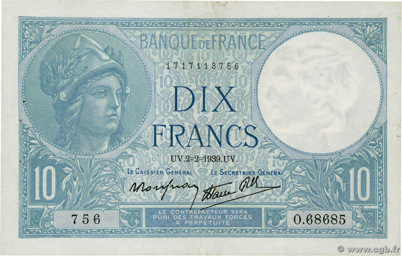 10 Francs MINERVE modifié FRANCE  1939 F.07.01 TTB