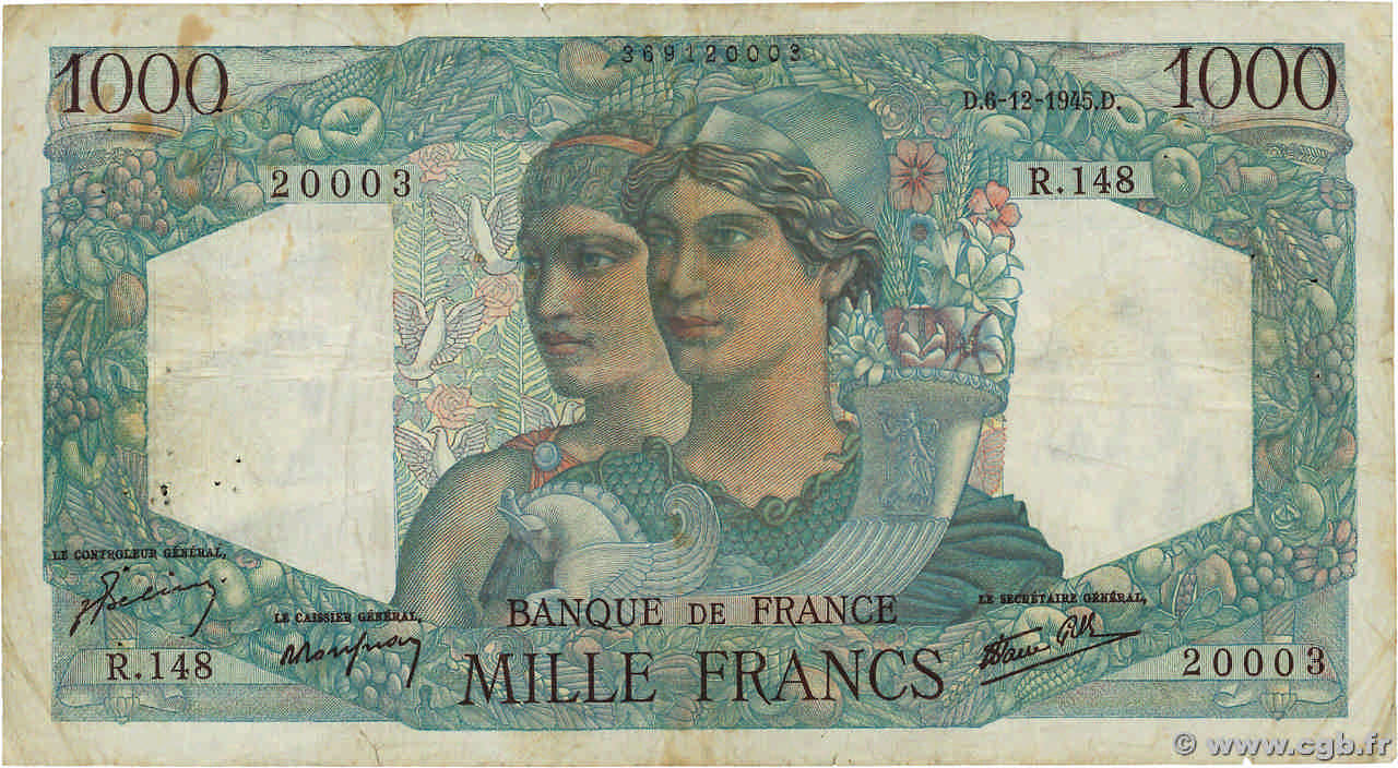 1000 Francs MINERVE ET HERCULE FRANCE  1945 F.41.09 B+