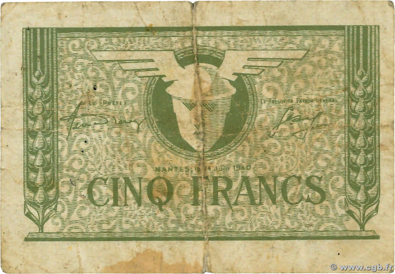 5 Francs LOIRE INFERIEURE FRANCE régionalisme et divers Nantes 1940 BU.60.01 B+