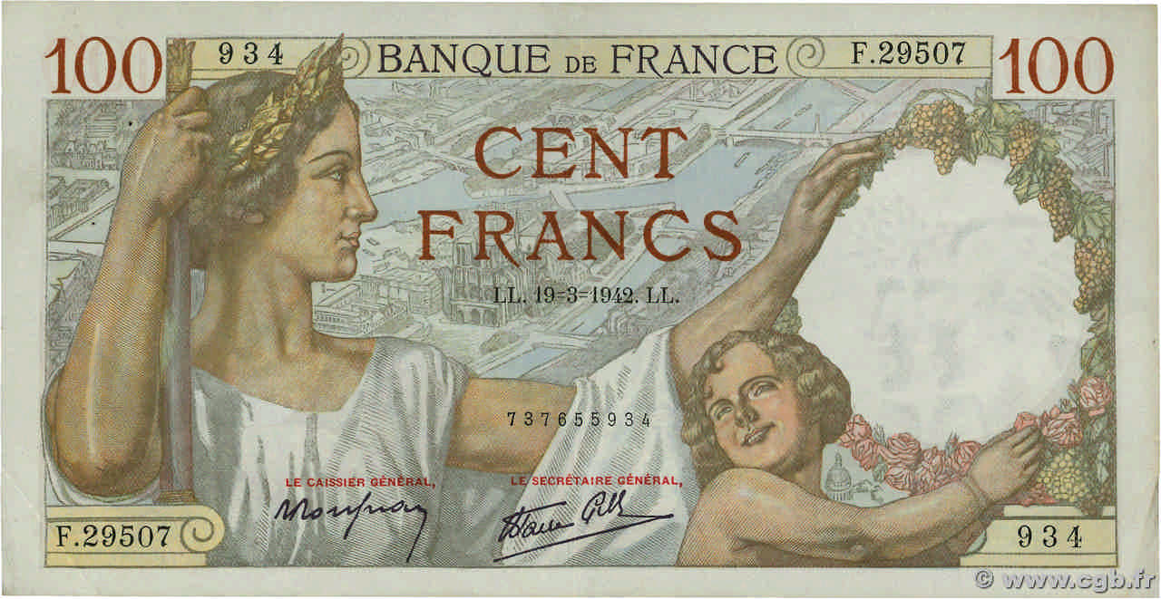100 Francs SULLY FRANCE  1942 F.26.68 TTB