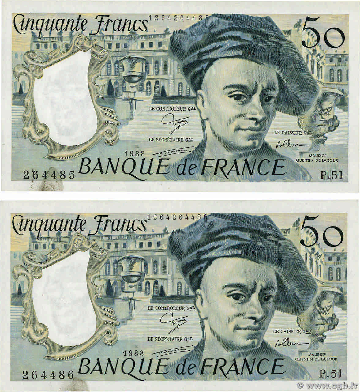 50 Francs QUENTIN DE LA TOUR Consécutifs FRANCE  1988 F.67.14 SUP+