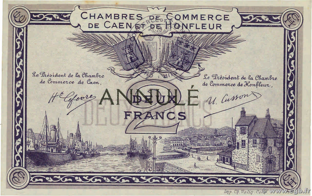 2 Francs Annulé FRANCE régionalisme et divers Caen et Honfleur 1915 JP.034.11 SUP