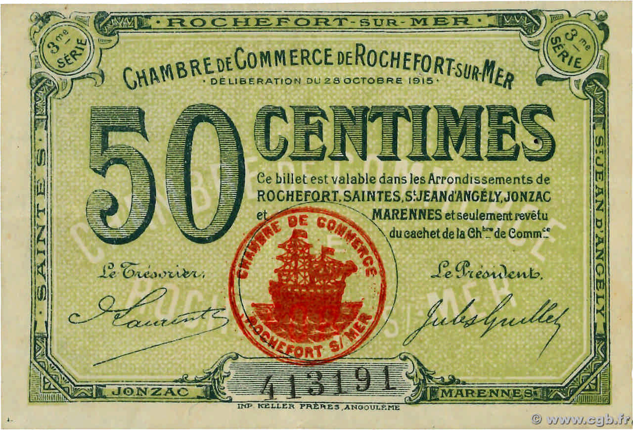 50 Centimes FRANCE regionalismo e varie Rochefort-Sur-Mer 1915 JP.107.11 BB