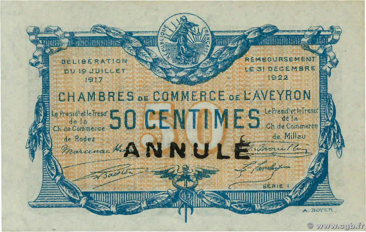 50 Centimes Annulé FRANCE regionalismo e varie Rodez et Millau 1917 JP.108.12 AU