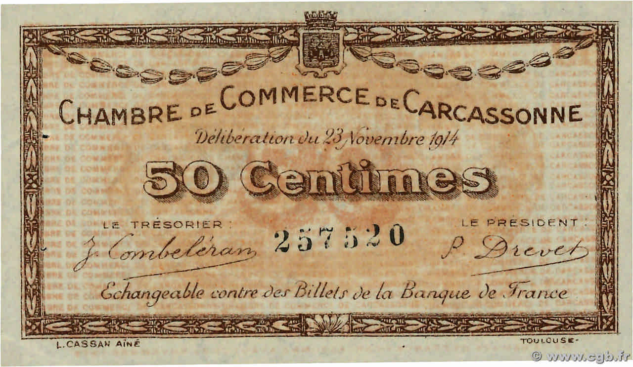 50 Centimes FRANCE régionalisme et divers Carcassonne 1914 JP.038.01 SUP