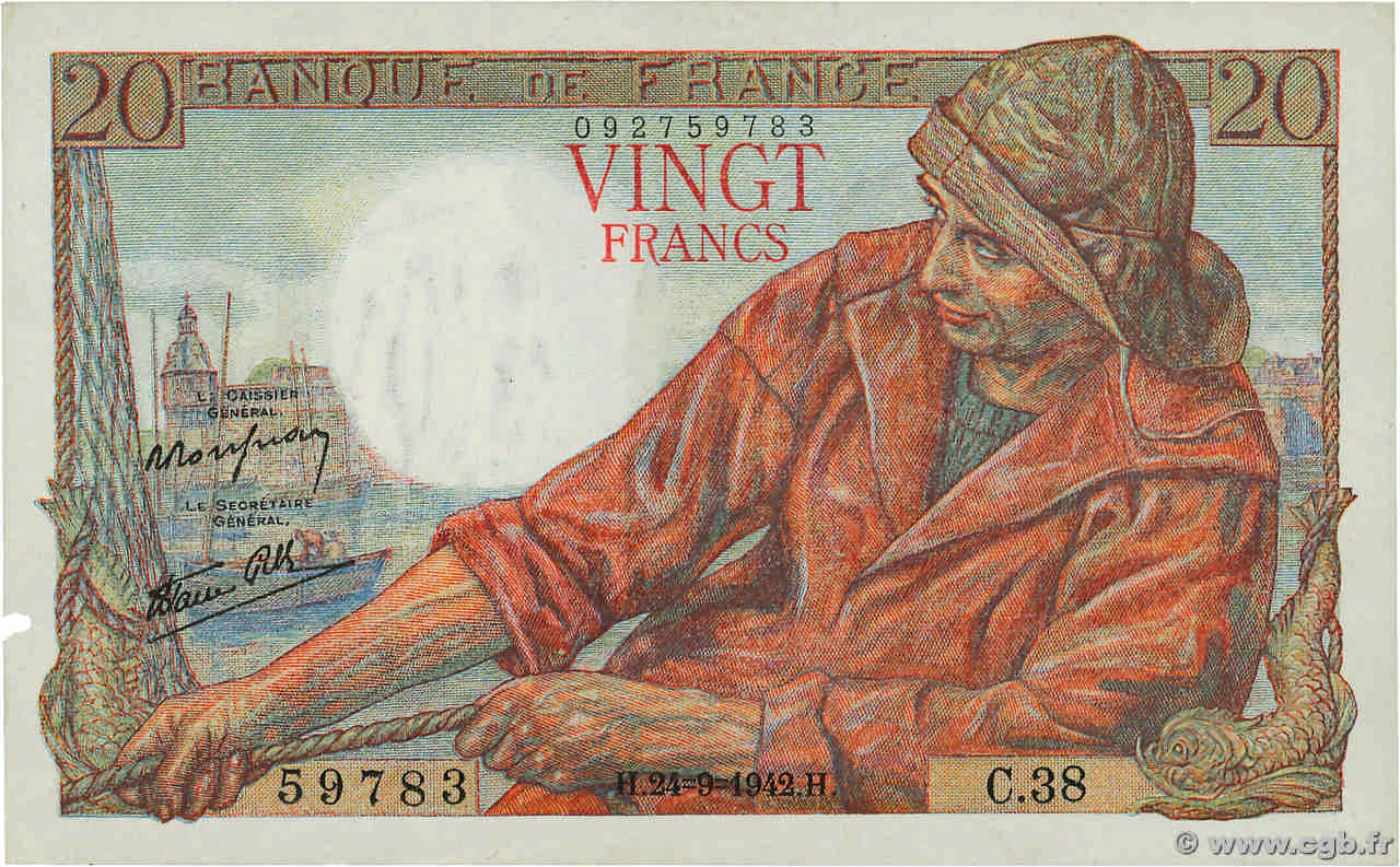 20 Francs PÊCHEUR FRANCE  1942 F.13.03 TTB