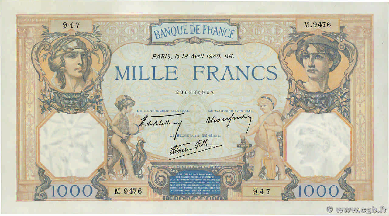 1000 Francs CÉRÈS ET MERCURE type modifié FRANCE  1940 F.38.46 XF