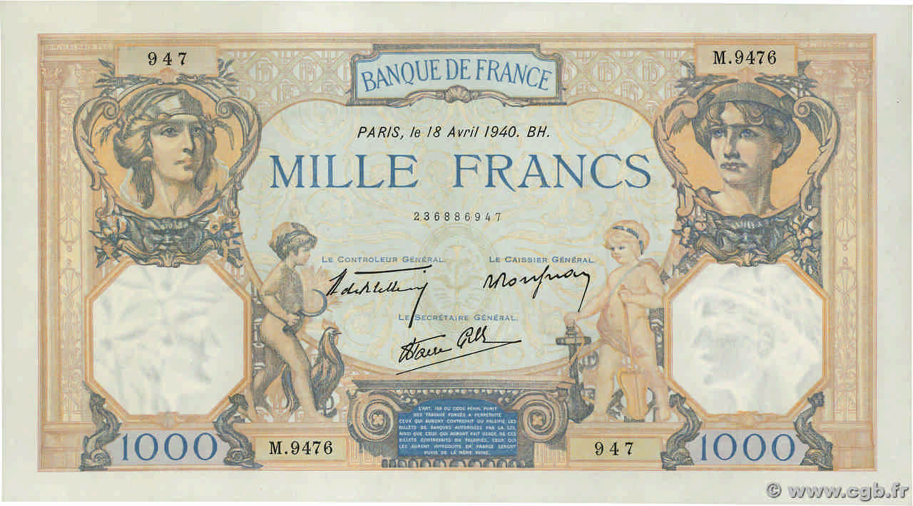 1000 Francs CÉRÈS ET MERCURE type modifié FRANKREICH  1940 F.38.46 VZ